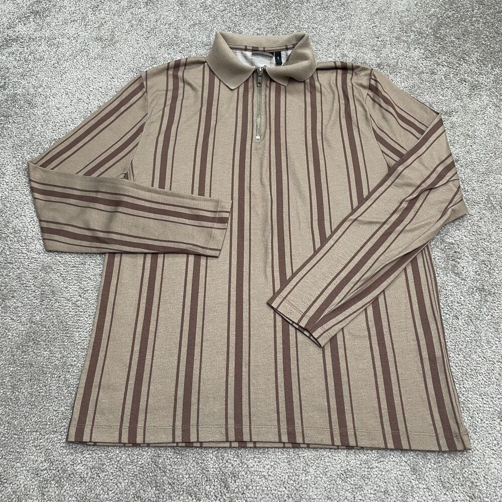 Asos Design 1/4 zip Poo Shirt Mens 2XS Brown Striped Long Sleeve Casual Outdoor